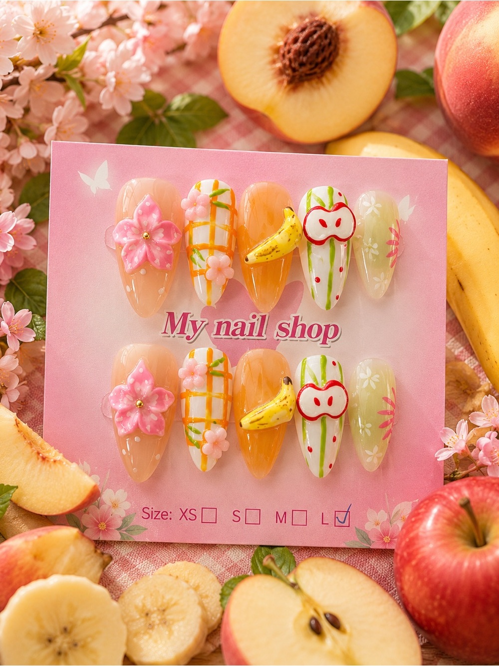 Handmade 3D Fruit & Floral Press-On Nails - Pink, Yellow, White, Green